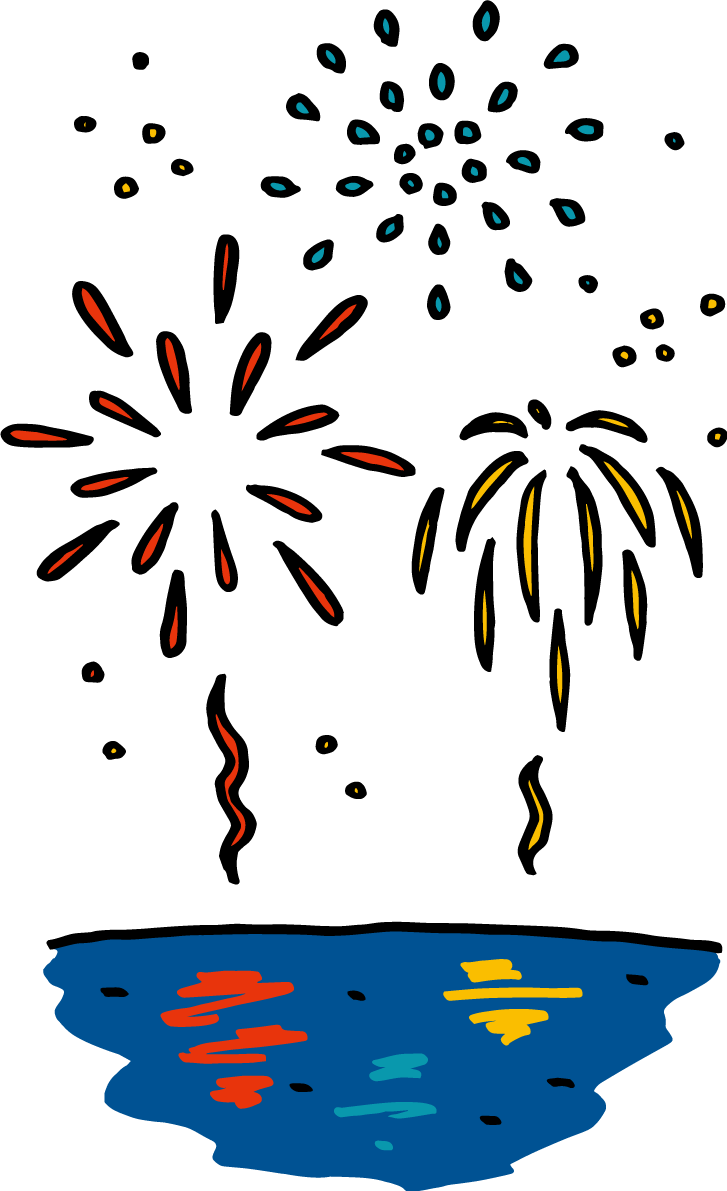 海辺に赤や青などの打ち上げ花火 かわいい花火イラスト無料 フリー87239に写真・文字を入れる