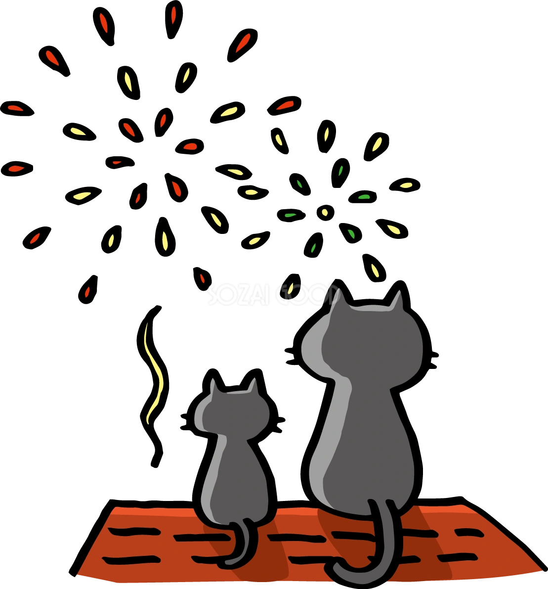 屋根の上で赤などの打ち上げ花火を見る後ろ姿の猫の親子 かわいい花火イラスト無料 フリー87240