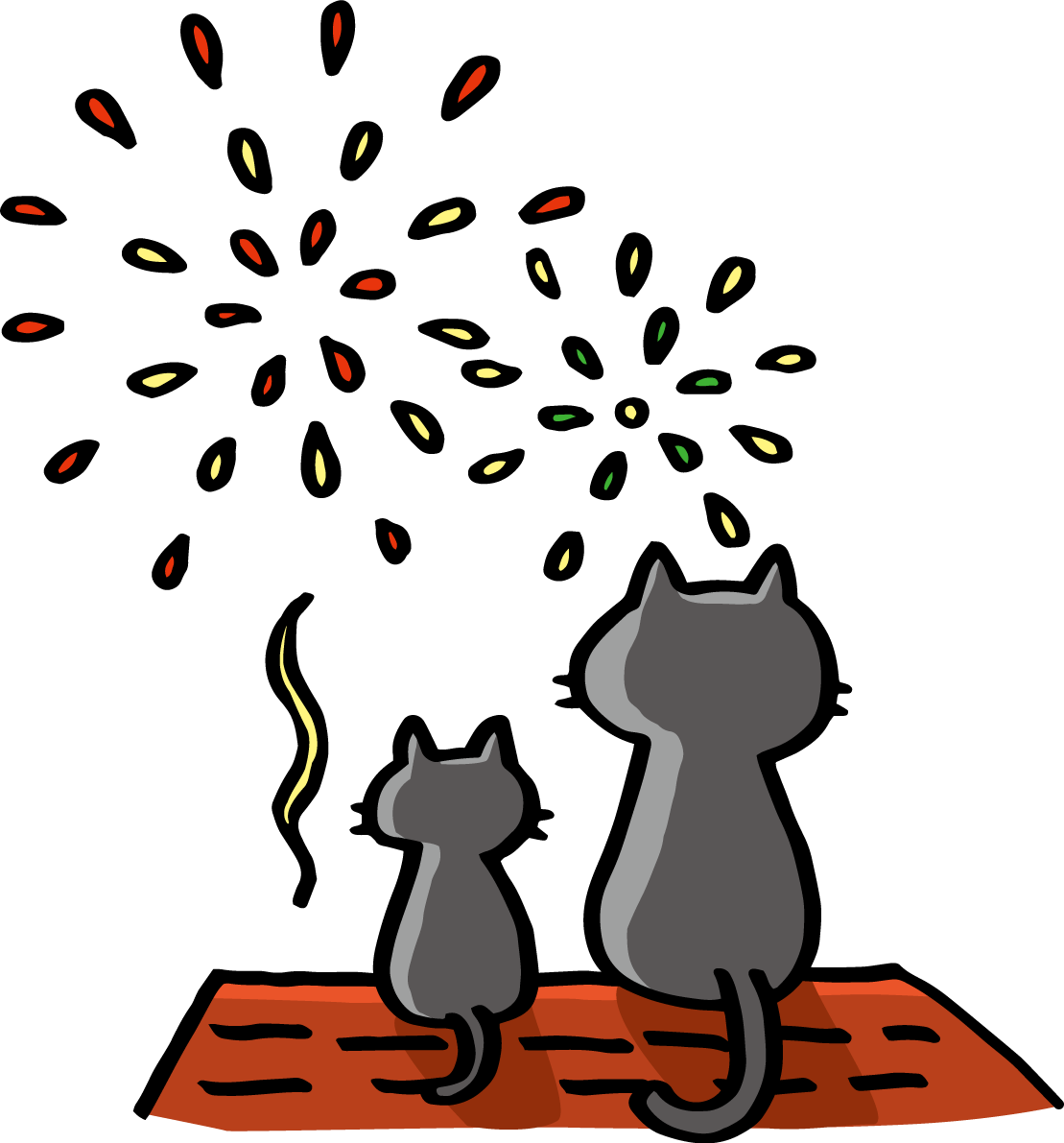 屋根の上で赤などの打ち上げ花火を見る後ろ姿の猫の親子 かわいい花火イラスト無料 フリー87240に写真・文字を入れる