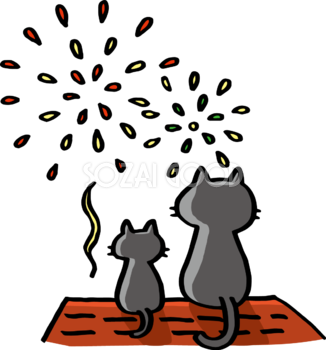 屋根の上で赤などの打ち上げ花火を見る後ろ姿の猫の親子 かわいい花火イラスト無料 フリー87240