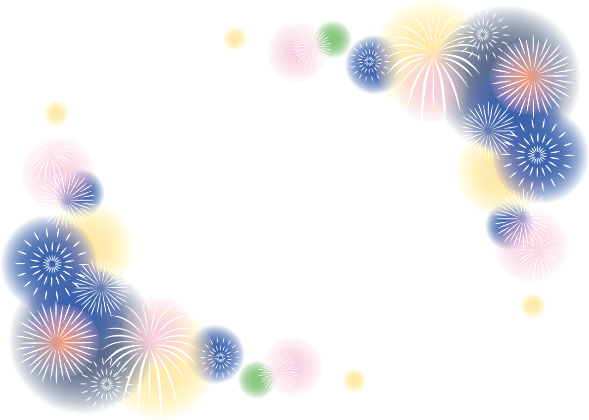 赤やピンクなどのカラフルな光の打ち上げ花火の角フレーム枠 おしゃれ花火イラスト無料 フリー87249に写真・文字を入れる