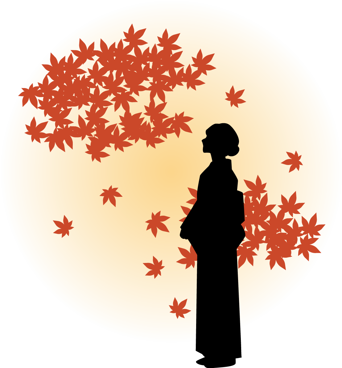 おしゃれな和風の舞う(舞い散る)紅葉(もみじ)を眺める女性 秋イラスト無料 フリー87304に写真・文字を入れる
