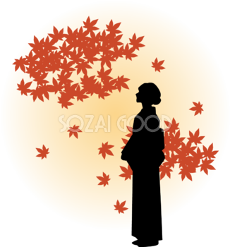 おしゃれな和風の舞う(舞い散る)紅葉(もみじ)を眺める女性 秋イラスト無料 フリー87304