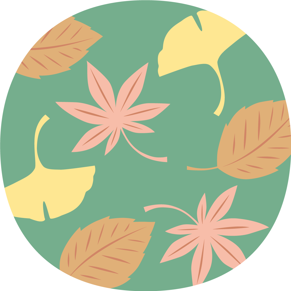 かわいい丸(円)の中に紅葉(もみじ)といちょう(イチョウ)と落ち葉 秋イラスト無料 フリー87308に写真・文字を入れる