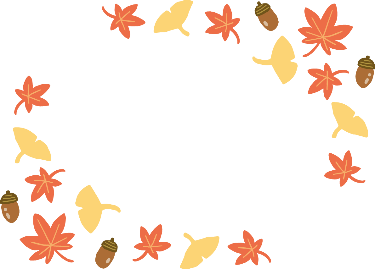 かわいい紅葉(もみじ)といちょう(イチョウ)の葉っぱとどんぐりの角フレーム枠 秋イラスト無料 フリー87311に写真・文字を入れる