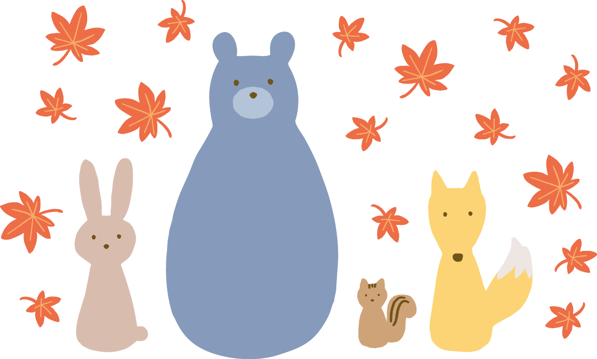 かわいい紅葉(もみじ)の葉っぱと動物(くま・うさぎ・リス・きつね) 秋イラスト無料 フリー87319に写真・文字を入れる
