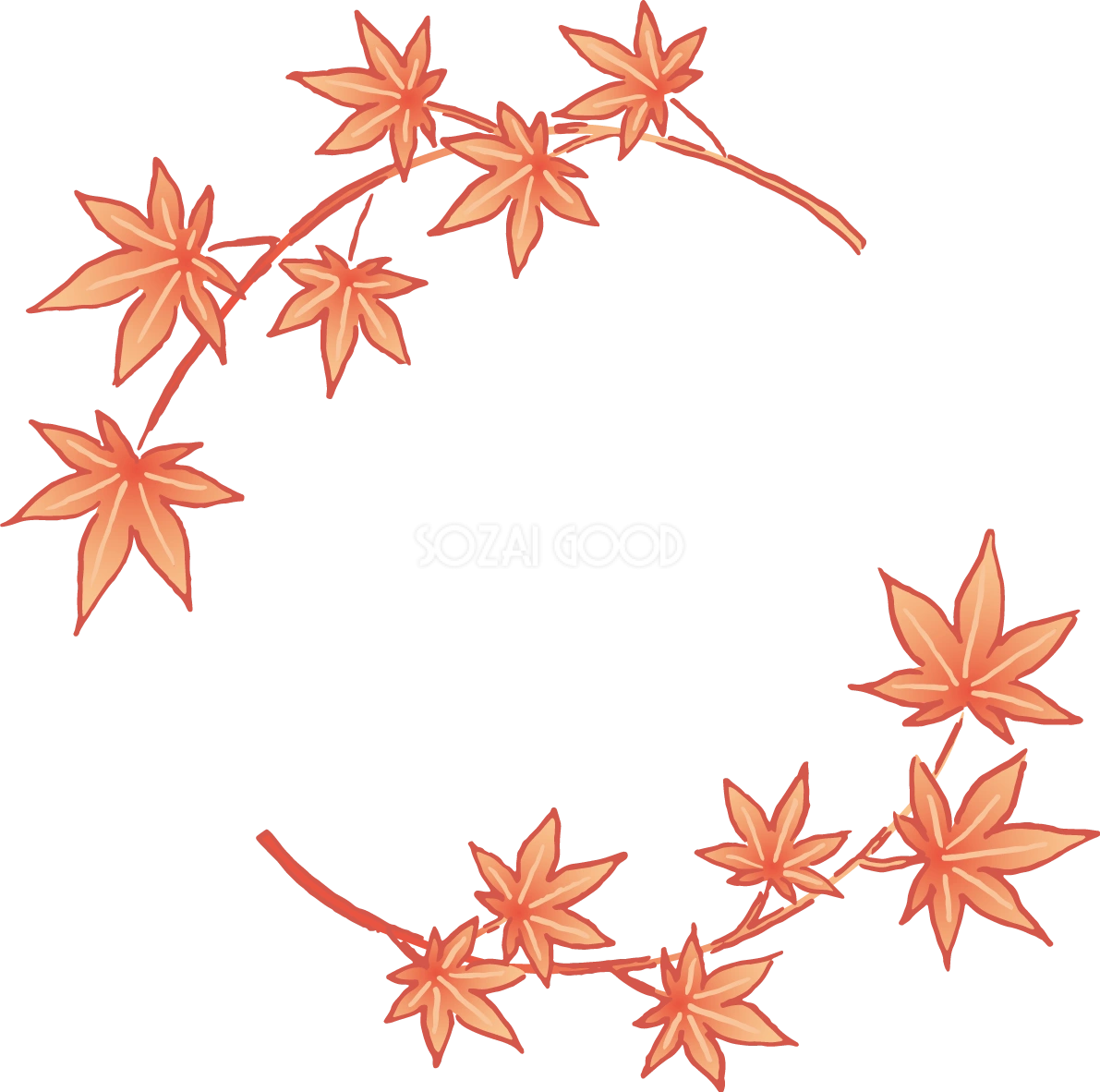 おしゃれなペン描き風の紅葉(もみじ)の枝の円状のフレーム枠 秋イラスト無料 フリー87354