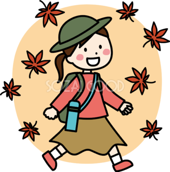 かわいい紅葉(もみじ)と女の子が遠足 秋イラスト無料 フリー87370
