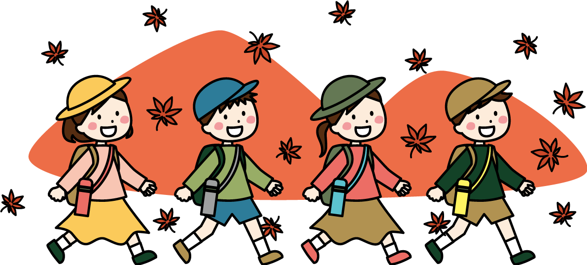 かわいい紅葉(もみじ)の山と遠足をしている子供達(女の子と男の子) 秋イラスト無料 フリー87372に写真・文字を入れる