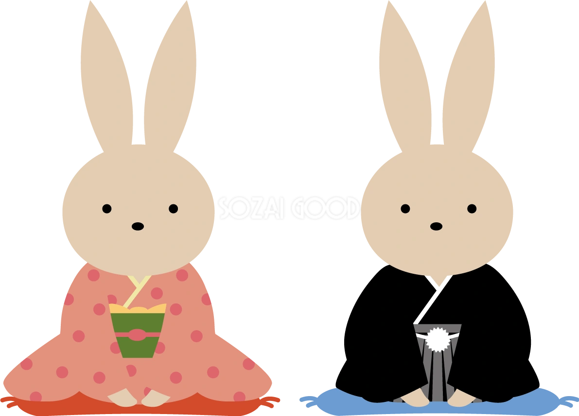着物で正座して挨拶する男女のうさぎ かわいい2023 卯年イラスト無料 フリー87598