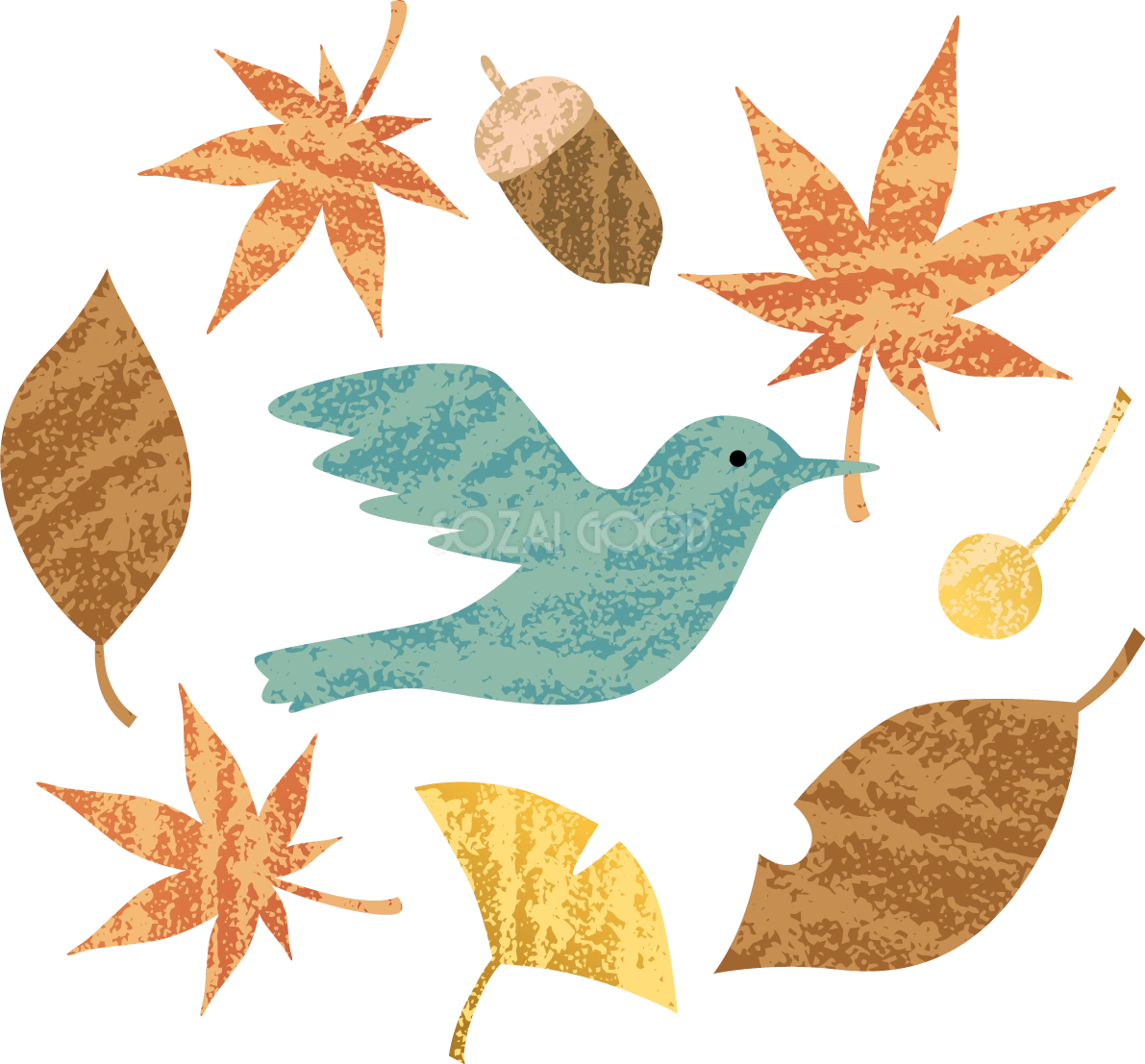 ざらっとした質感の紅葉(もみじ)といちょう(イチョウ)とどんぐりと鳥 秋イラスト無料 フリー87604