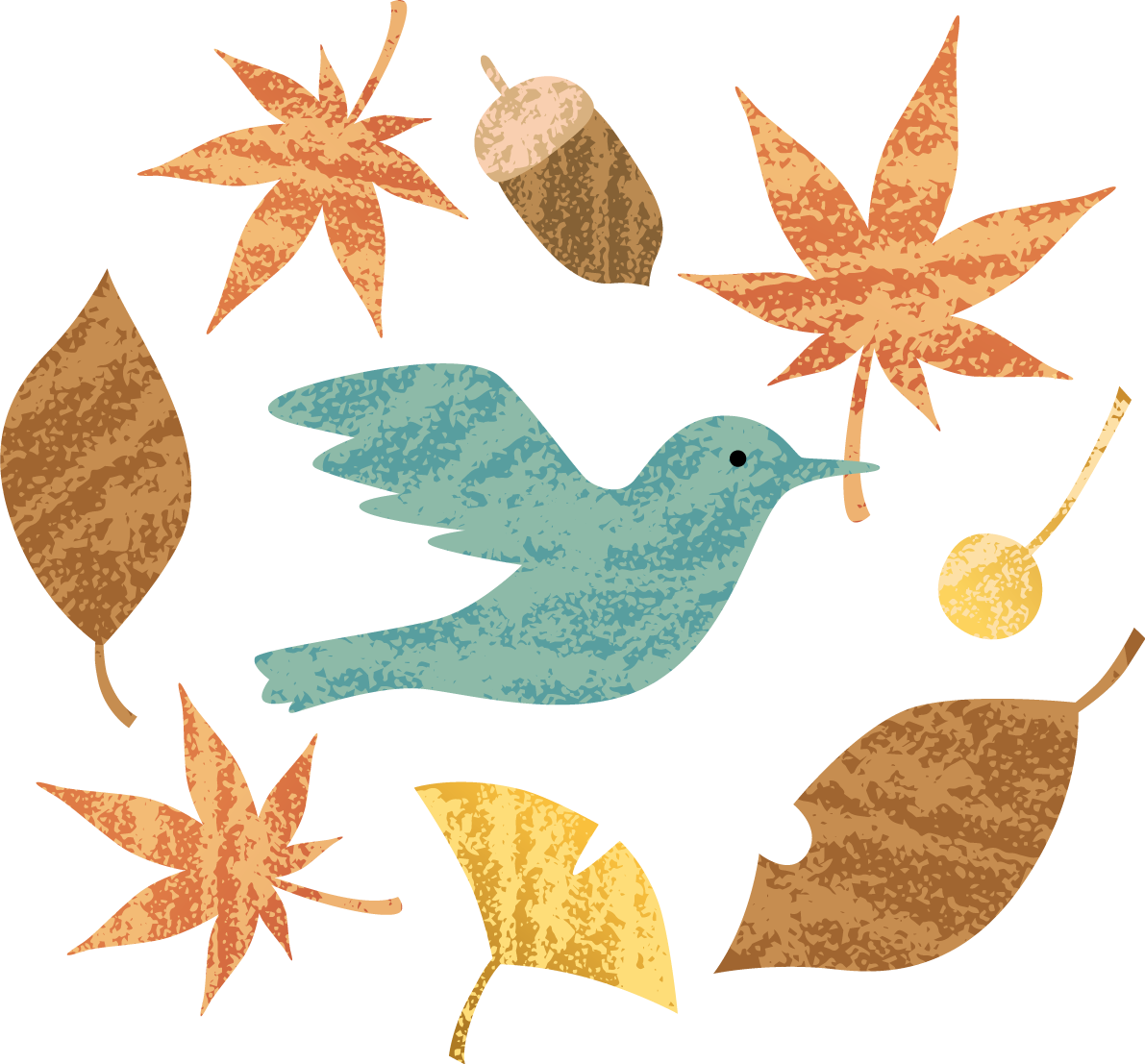 ざらっとした質感の紅葉(もみじ)といちょう(イチョウ)とどんぐりと鳥 秋イラスト無料 フリー87604に写真・文字を入れる