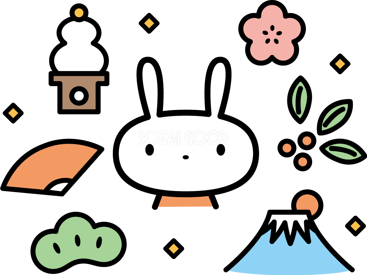 うさぎの顔と縁起物 かわいい2023 卯年イラスト無料 フリー87659