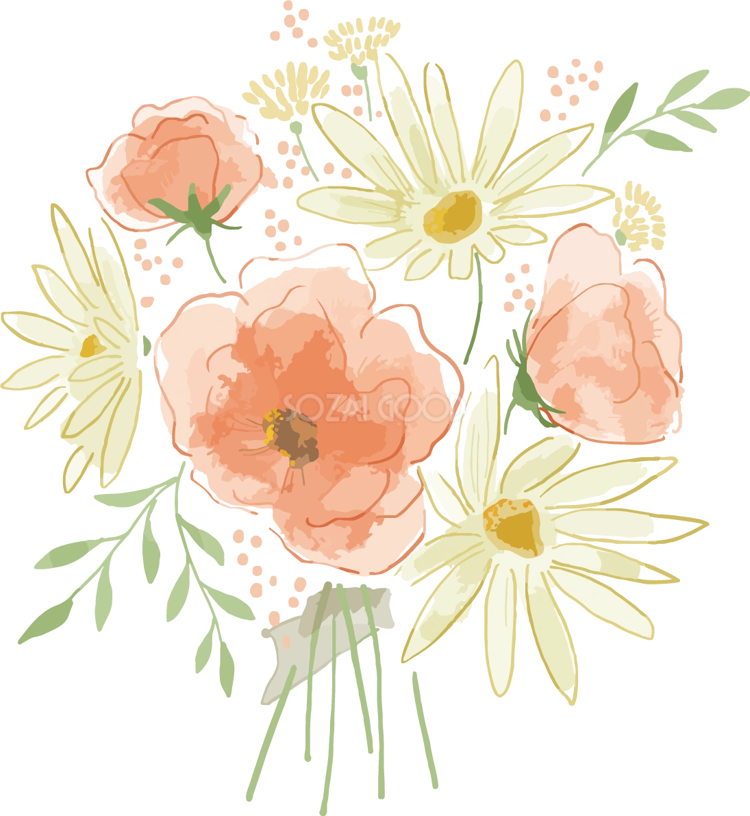 華やかピンクと白い花のブーケおしゃれボタニカル(植物)イラスト無料 フリー87815
