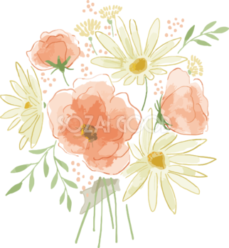 華やかピンクと白い花のブーケおしゃれボタニカル(植物)イラスト無料 フリー87815