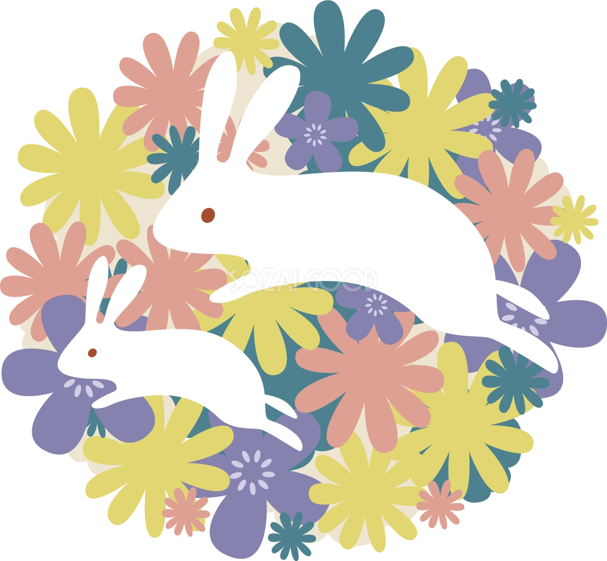 円の形に集まった花の上に走る親子のうさぎ かわいい2023 卯年イラスト無料 フリー87869