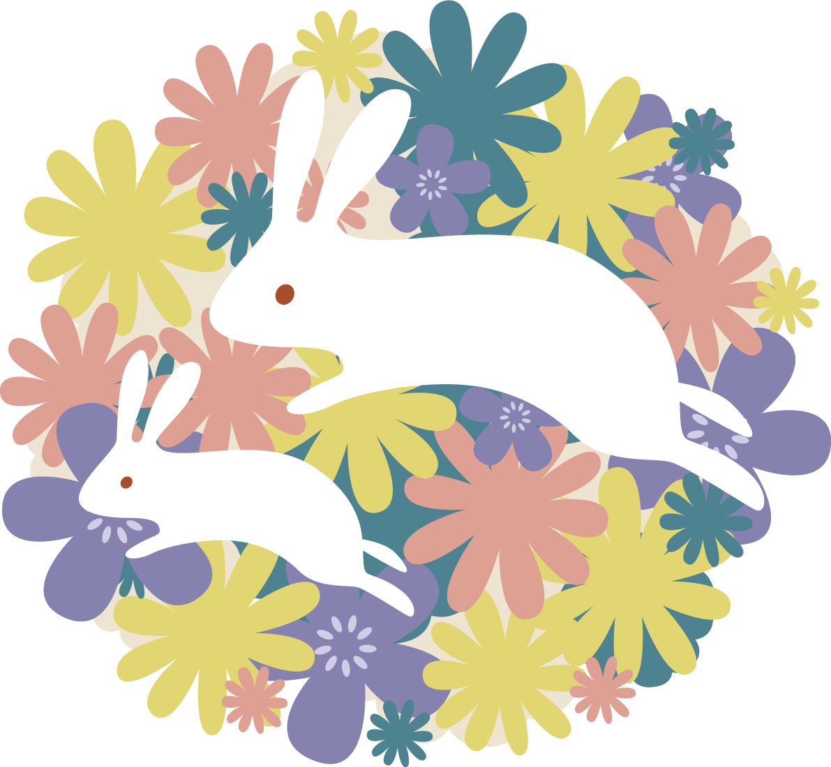 円の形に集まった花の上に走る親子のうさぎ かわいい2023 卯年イラスト無料 フリー87869に写真・文字を入れる