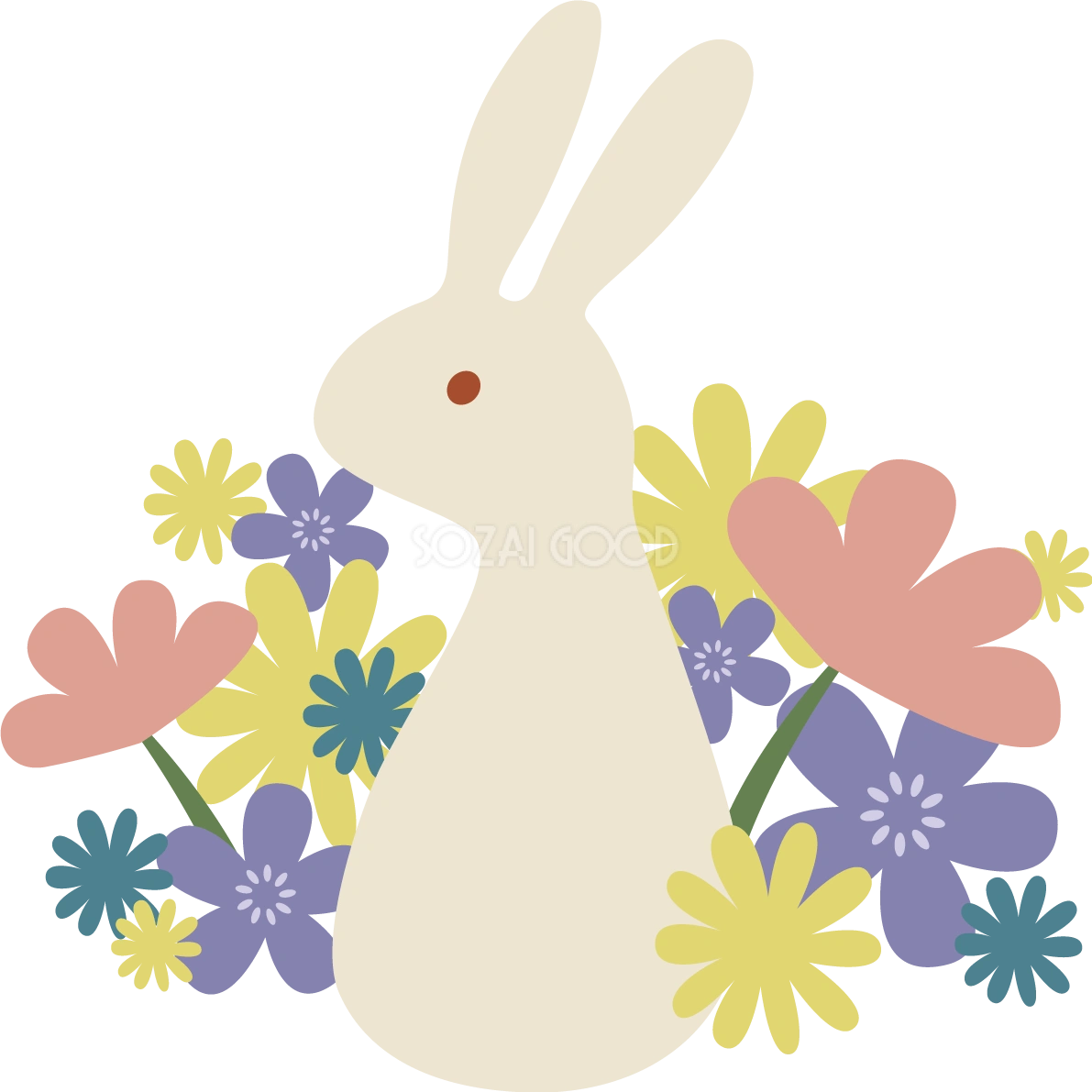 横向きのうさぎの周りに花畑 かわいい2023 卯年イラスト無料 フリー87870