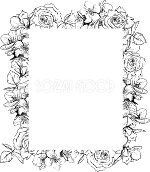 おしゃれなモノクロ(白黒)花フレーム枠 手書き 縦長方形 ボタニカル(植物)イラスト無料 フリー88126
