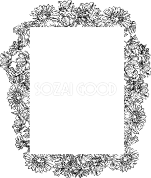 おしゃれなモノクロ(白黒)花フレーム枠 手書き 縦長方形 小花 ボタニカル(植物)イラスト無料 フリー88127