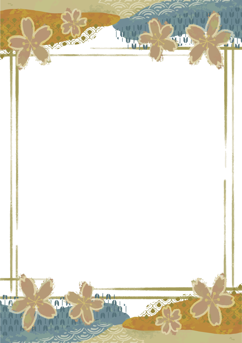 ペイントタッチの波和風柄と桜のフレーム背景イラスト縦長方形 無料 フリー88128に写真・文字を入れる