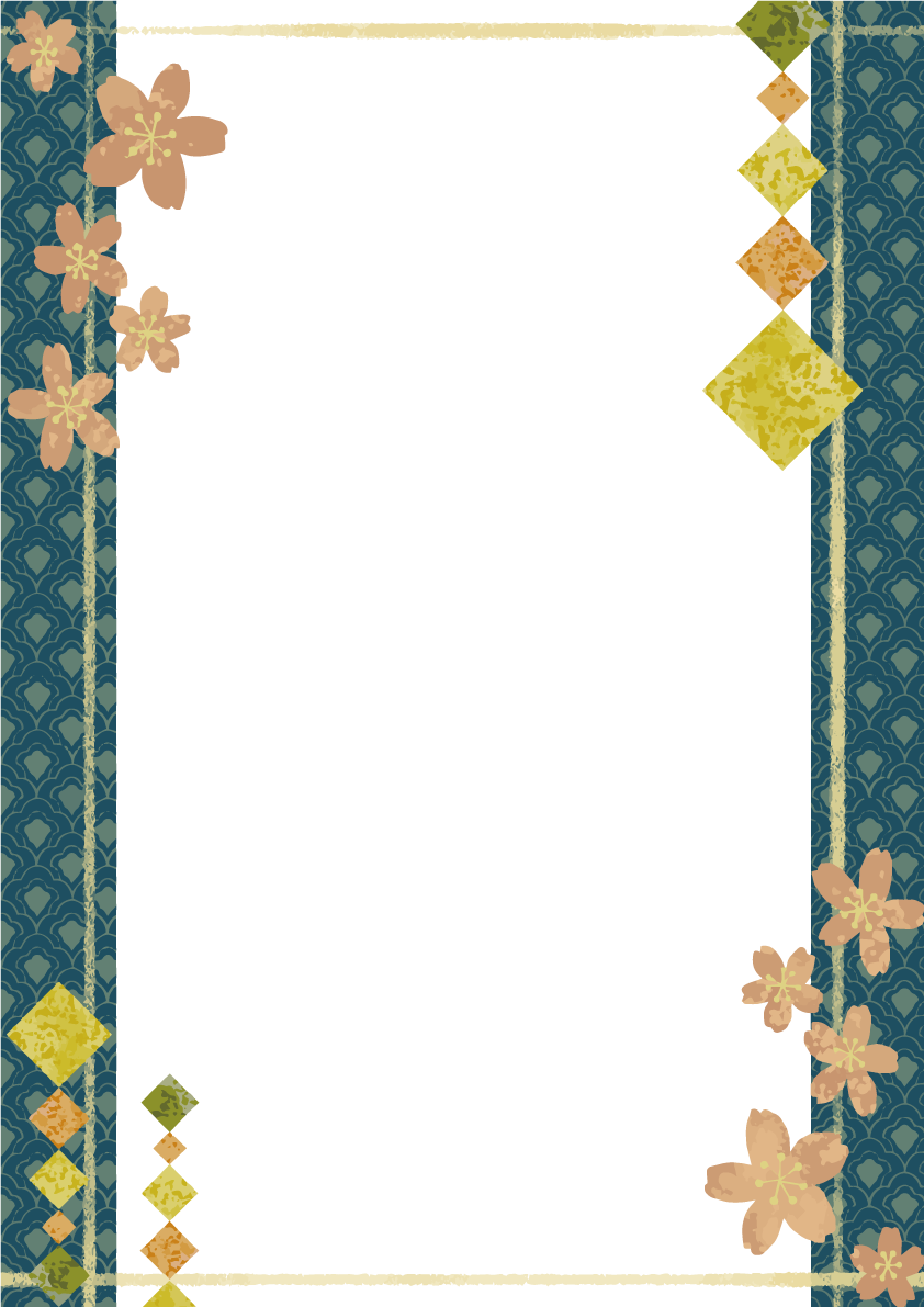 桜と左右和風柄レトロ枠フレームイラスト 縦長方形 無料 フリー88133に写真・文字を入れる