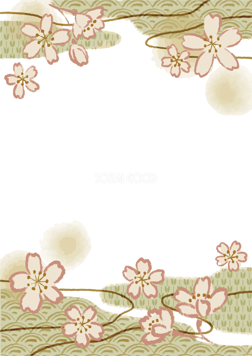 手描きのかわいい桜と和風柄の上下枠フレーム背景イラスト 縦長方形 無料 フリー88137