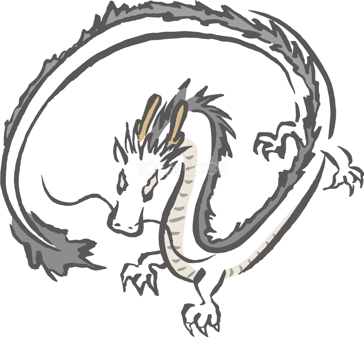 丸く飛ぶかっこいい白龍 筆描き風 ビジネス2024 辰年イラスト無料 フリー88305