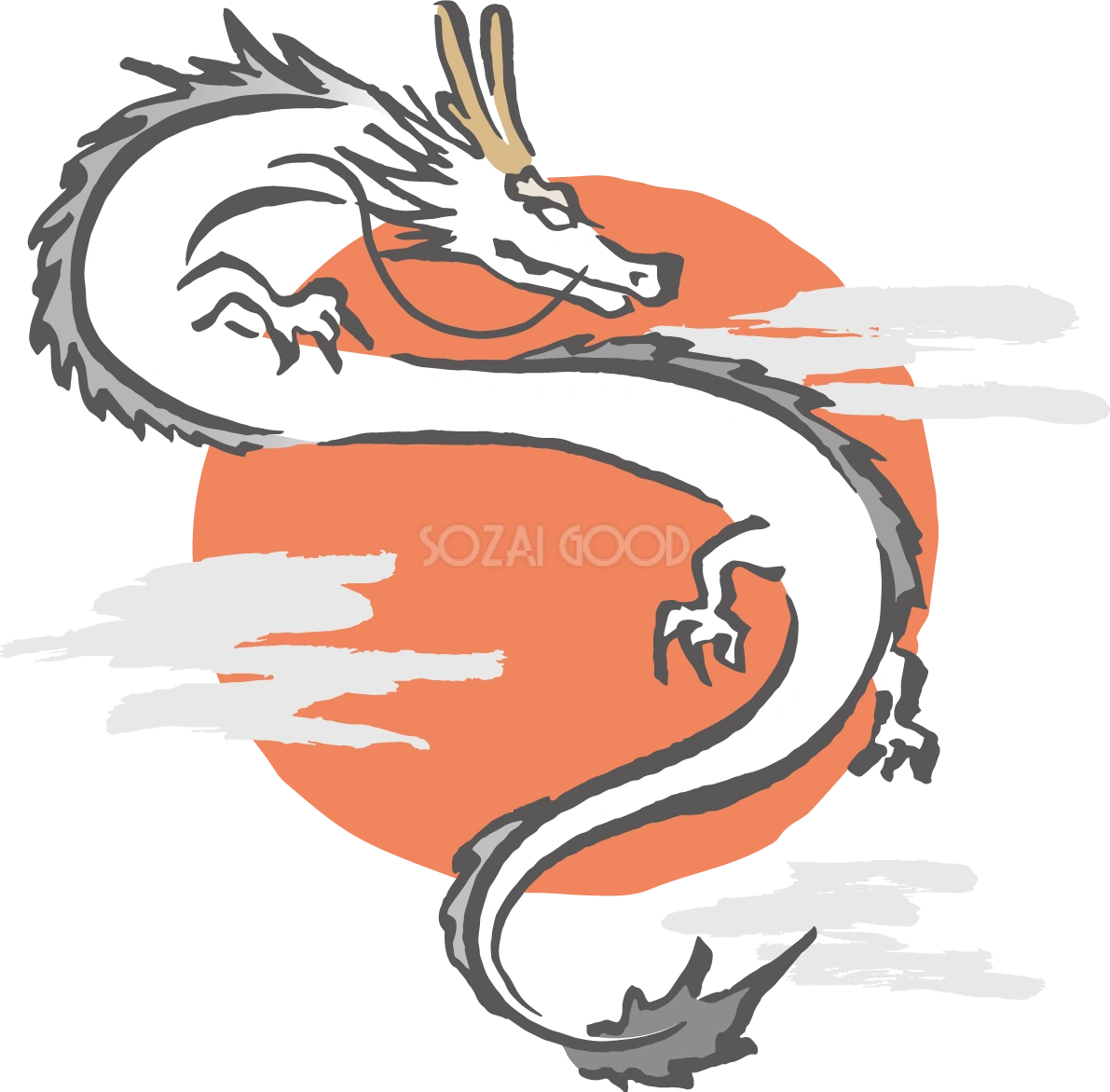 日の丸とかっこいい白龍 筆描き風 ビジネス2024 辰年イラスト無料 フリー88315