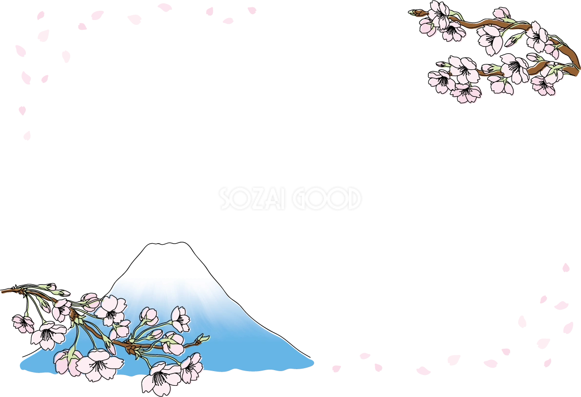 舞う花びらと枝から伸びる桜の枝と富士山 フレームイラスト無料 フリー88362