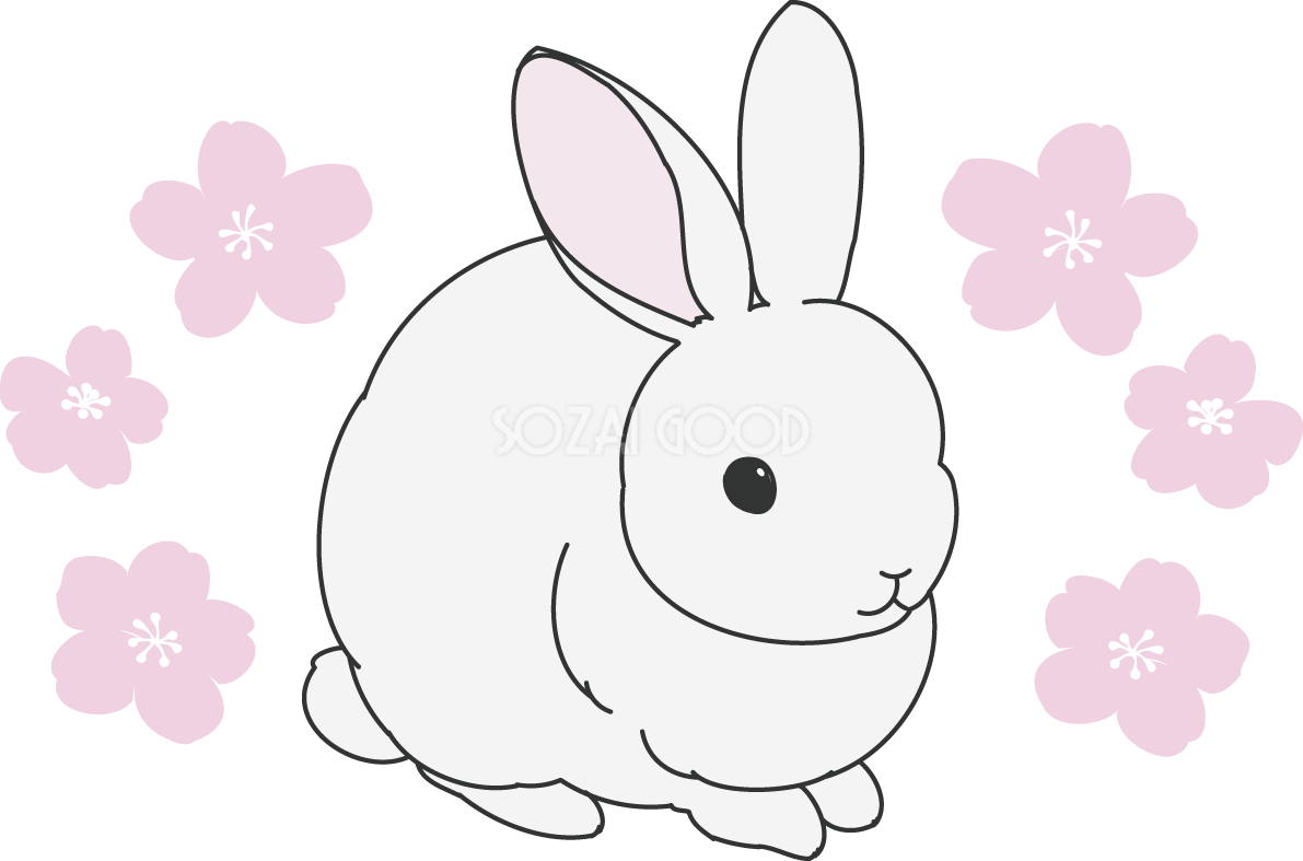 座っている可愛いうさぎと桜の花イラスト無料 フリー88387