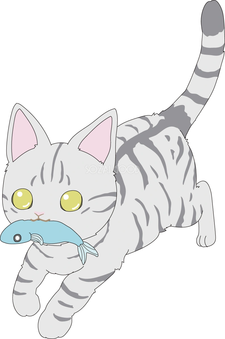 魚をくわえる かわいいグレートラ猫イラスト無料 フリー88732