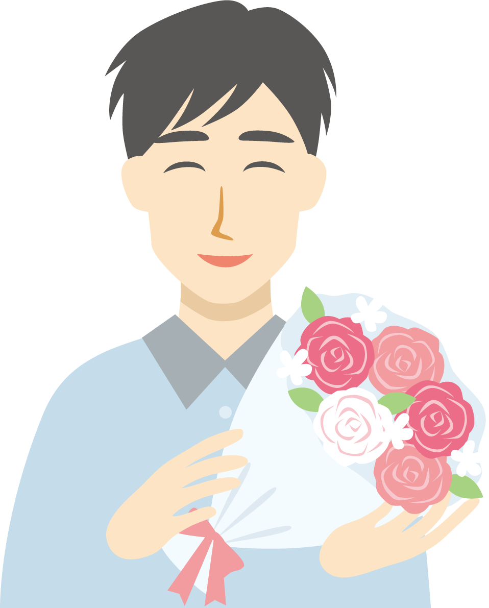 花束を持つ男性 笑顔イラスト無料 フリー88810に写真・文字を入れる