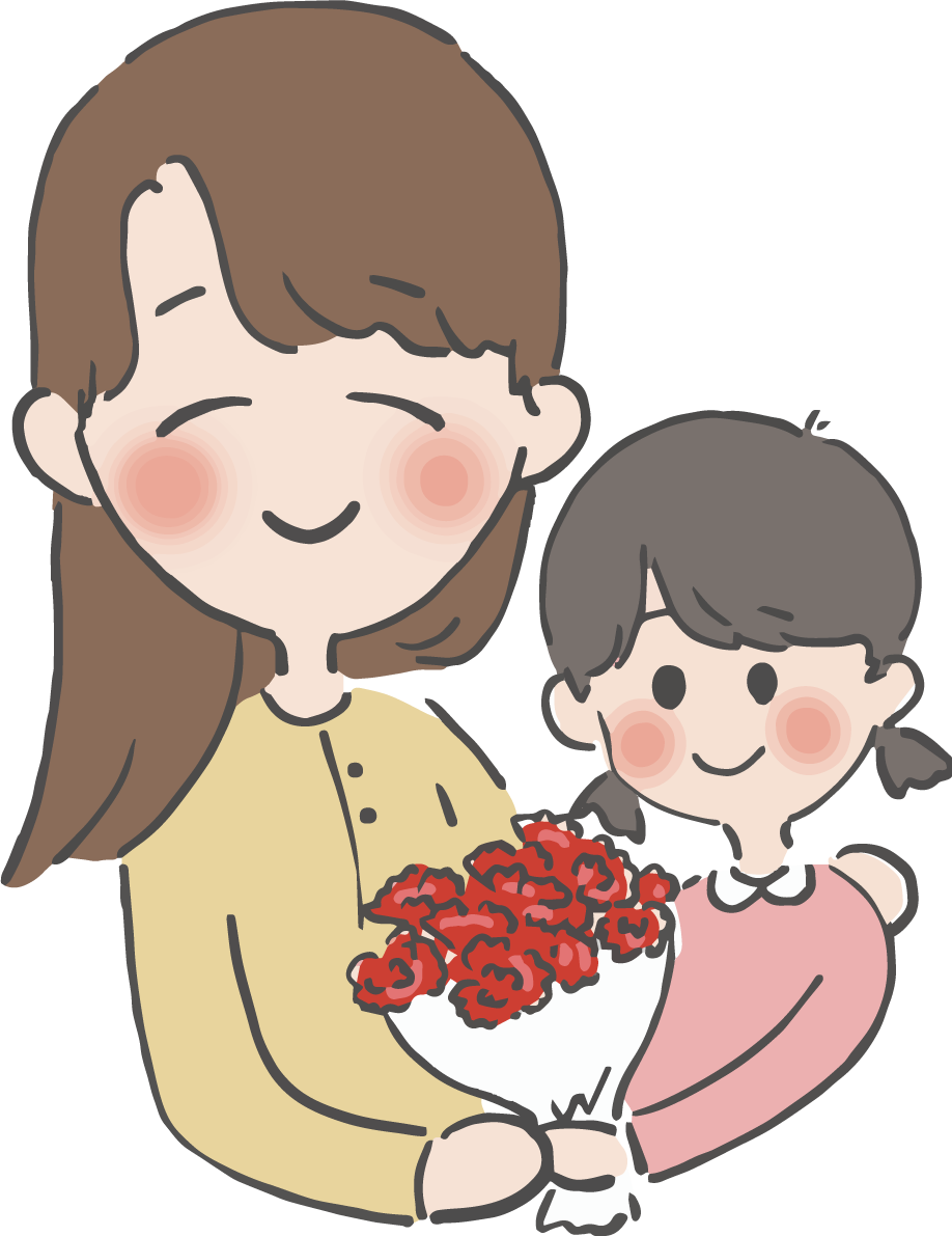 母の日 カーネーション 持つ 親子(お母さんと女の子)かわいいイラスト無料 フリー88932に写真・文字を入れる