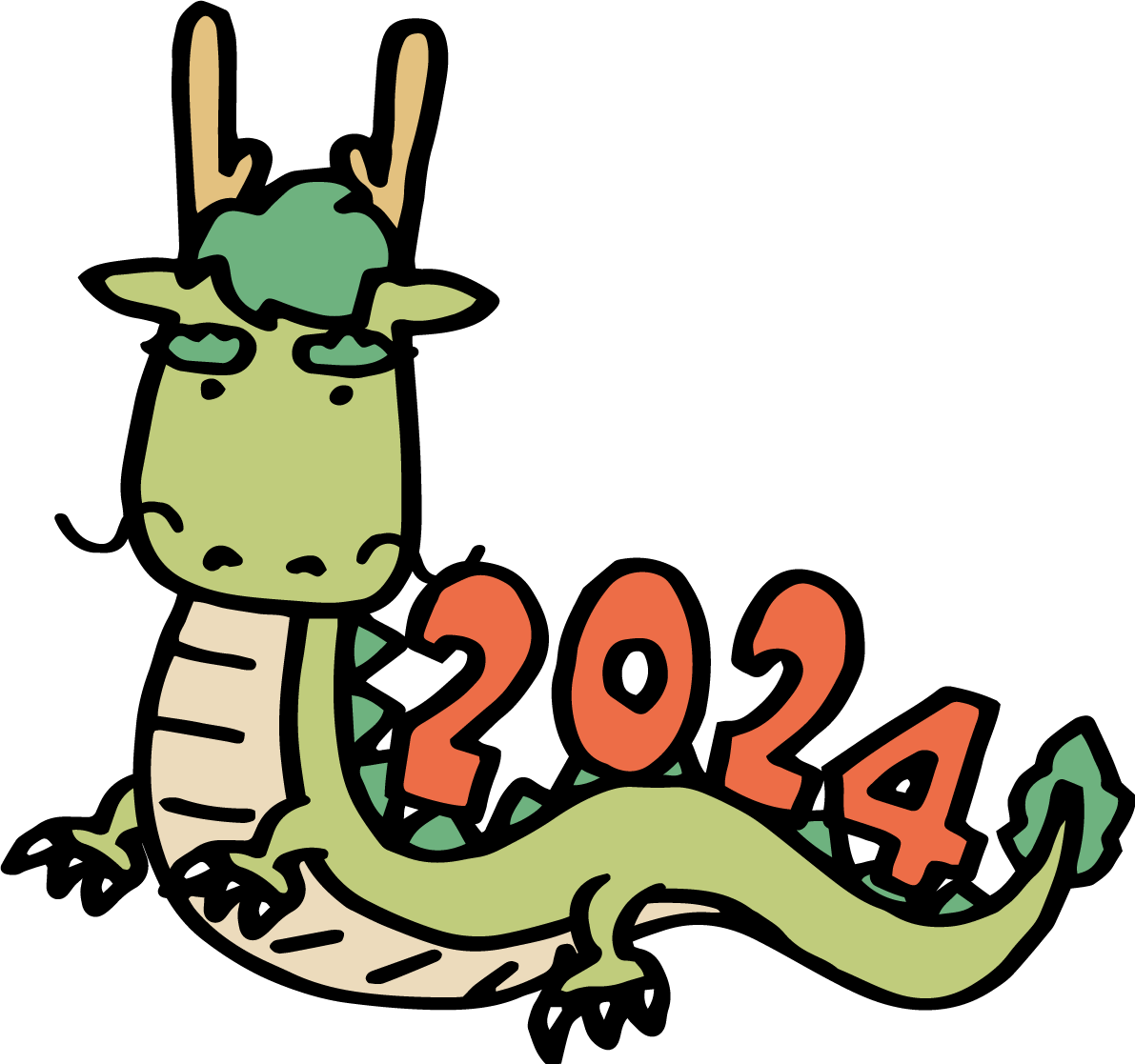 2024を背中に乗せるかわいい龍 辰年ロゴイラスト無料 フリー89041に写真・文字を入れる