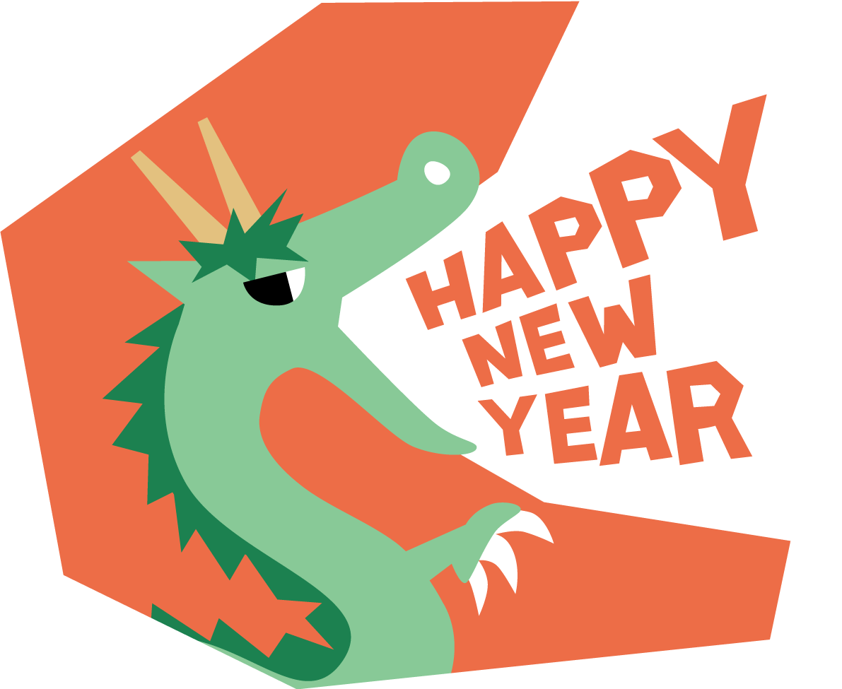 ポップな横向きの龍の口からHAPPY NEW YEAR かわいい2024 辰年イラスト無料 フリー89461に写真・文字を入れる