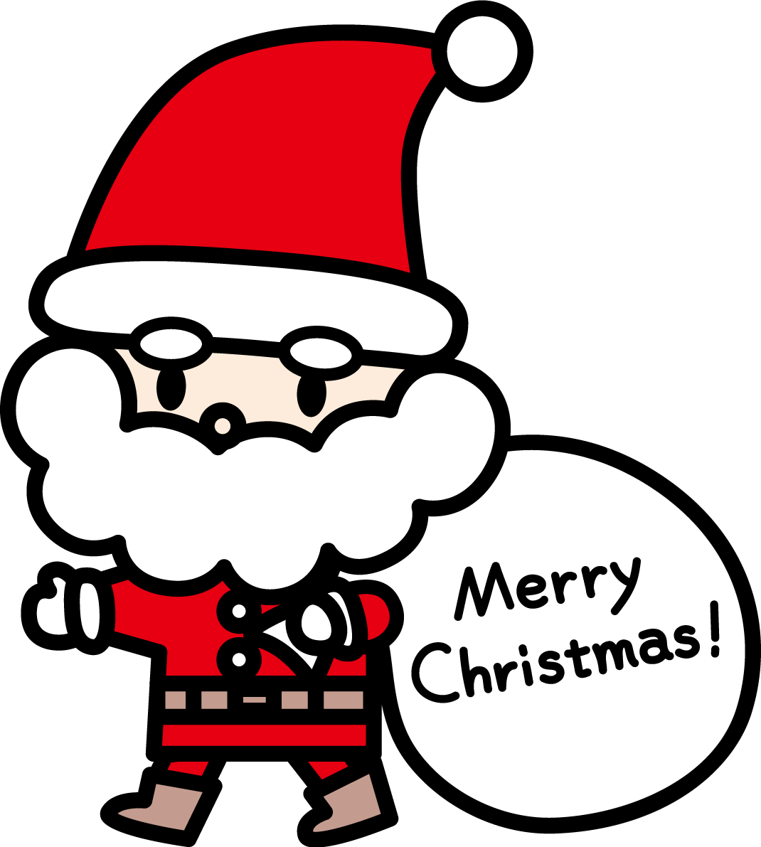 MerryChristmasが書かれた袋を持つサンタクロース  かわいいクリスマスイラスト無料 フリー89629に写真・文字を入れる