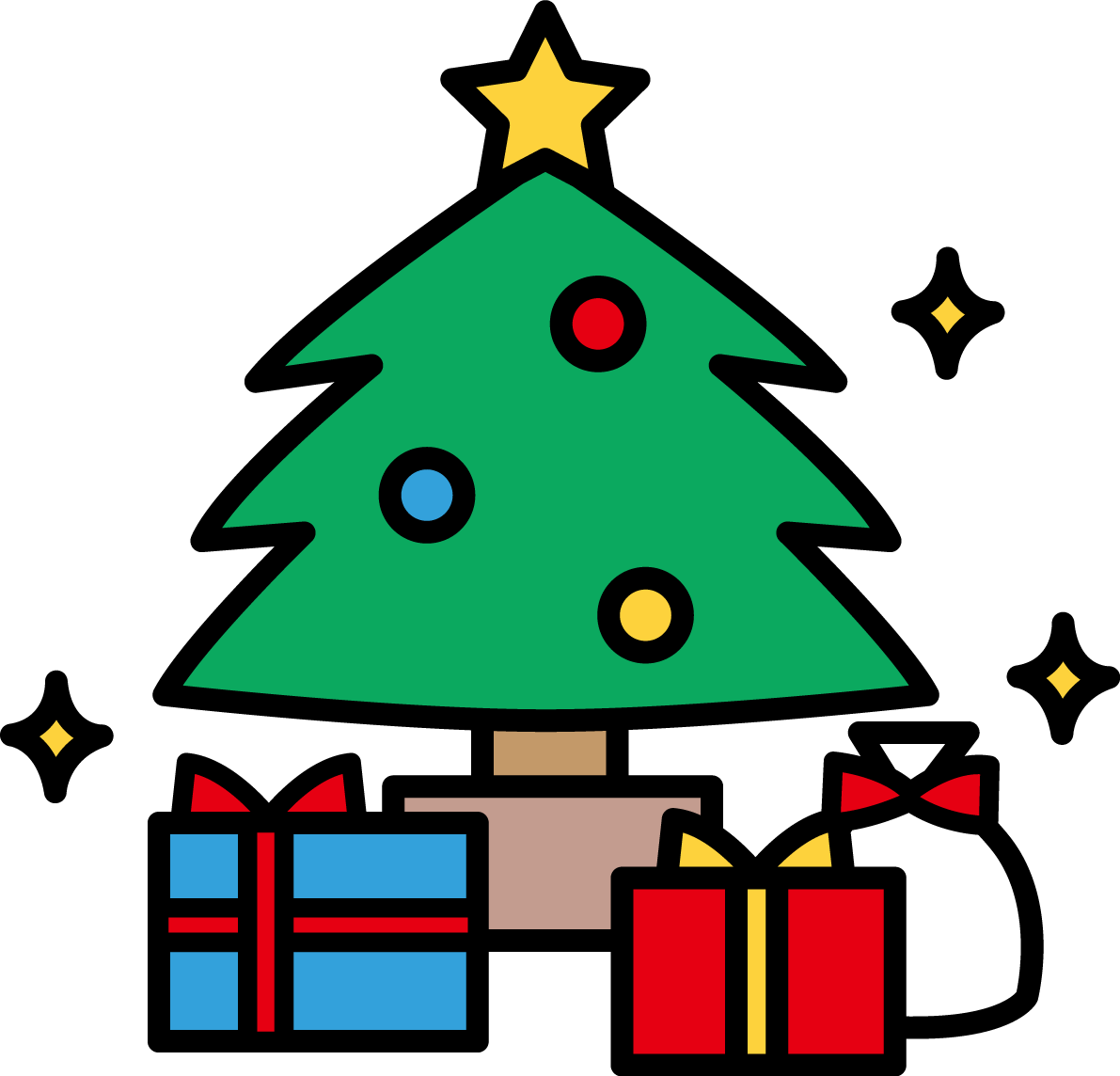 クリスマスツリーの下にプレゼント かわいいイラスト無料 フリー89634に写真・文字を入れる