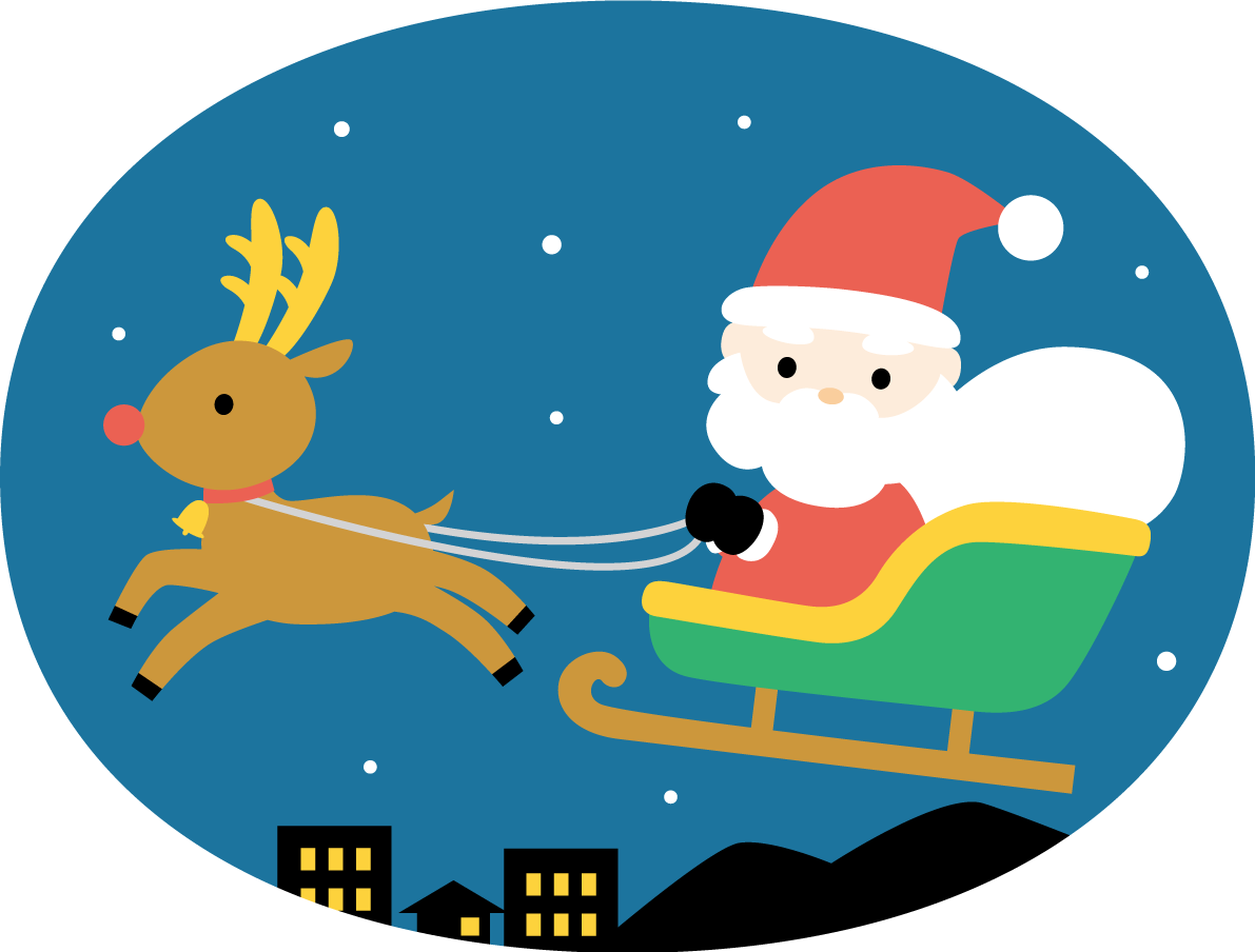 楕円の中にトナカイのソリに乗ったサンタクロース かわいいクリスマスイラスト無料 フリー89651に写真・文字を入れる
