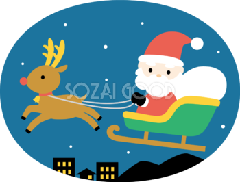 楕円の中にトナカイのソリに乗ったサンタクロース かわいいクリスマスイラスト無料 フリー89651
