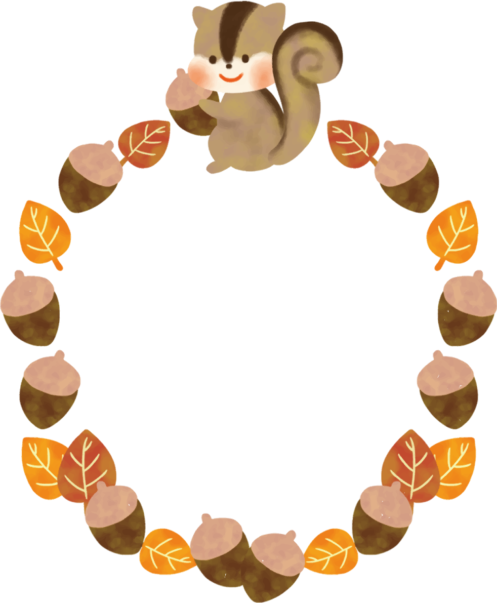 秋フレーム枠 リス どんぐり 紅葉(もみじ) かわいい イラスト無料 フリー89855に写真・文字を入れる