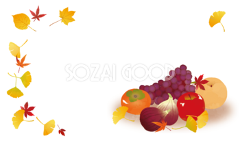 秋フレーム枠 水彩 収穫 りんご 柿など果物  紅葉(もみじ) イチョウ イラスト無料 フリー89896