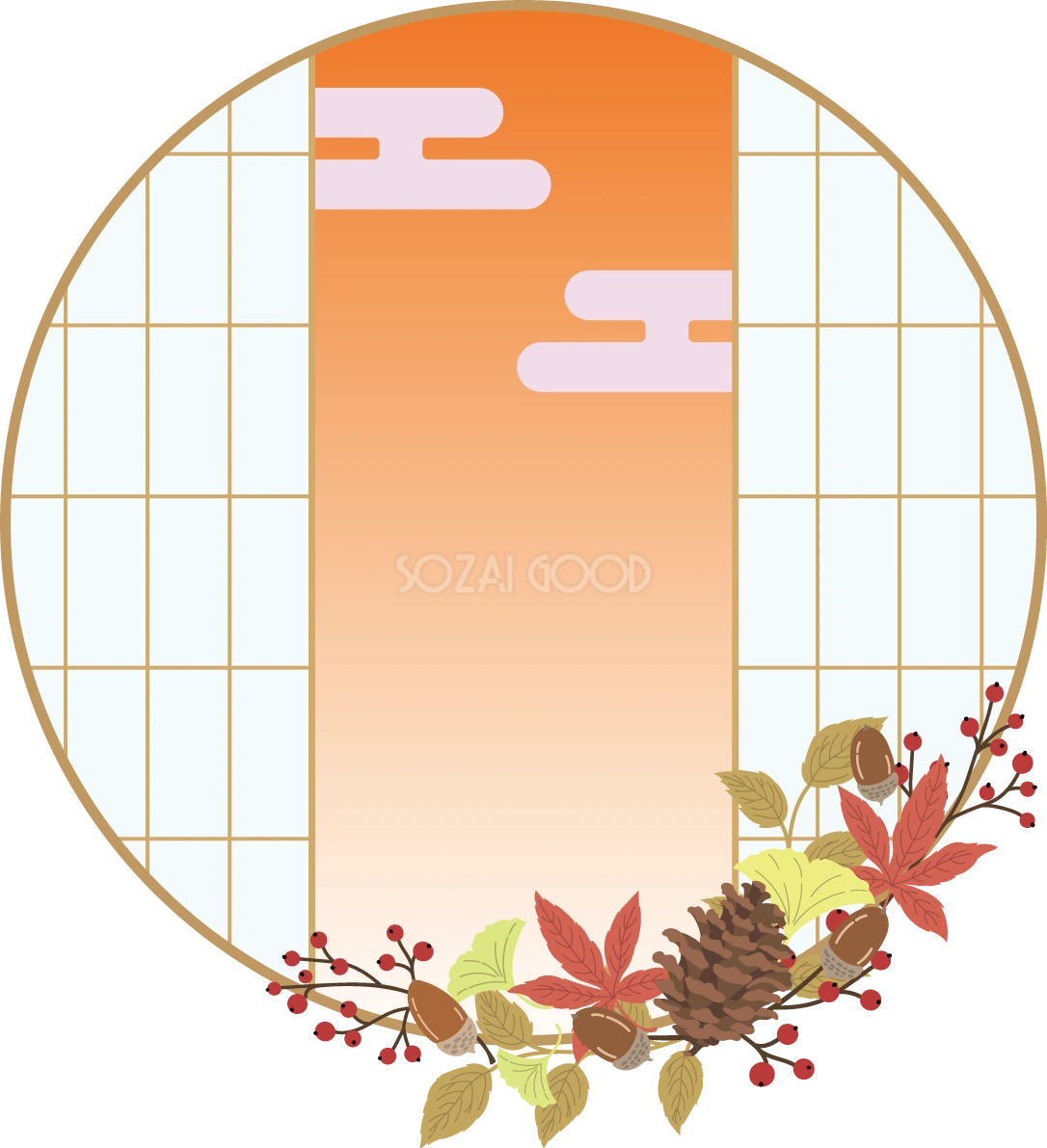 秋フレーム枠 和風丸窓 紅葉(もみじ) どんぐり 松ぼっくり イチョウ イラスト無料 フリー90008