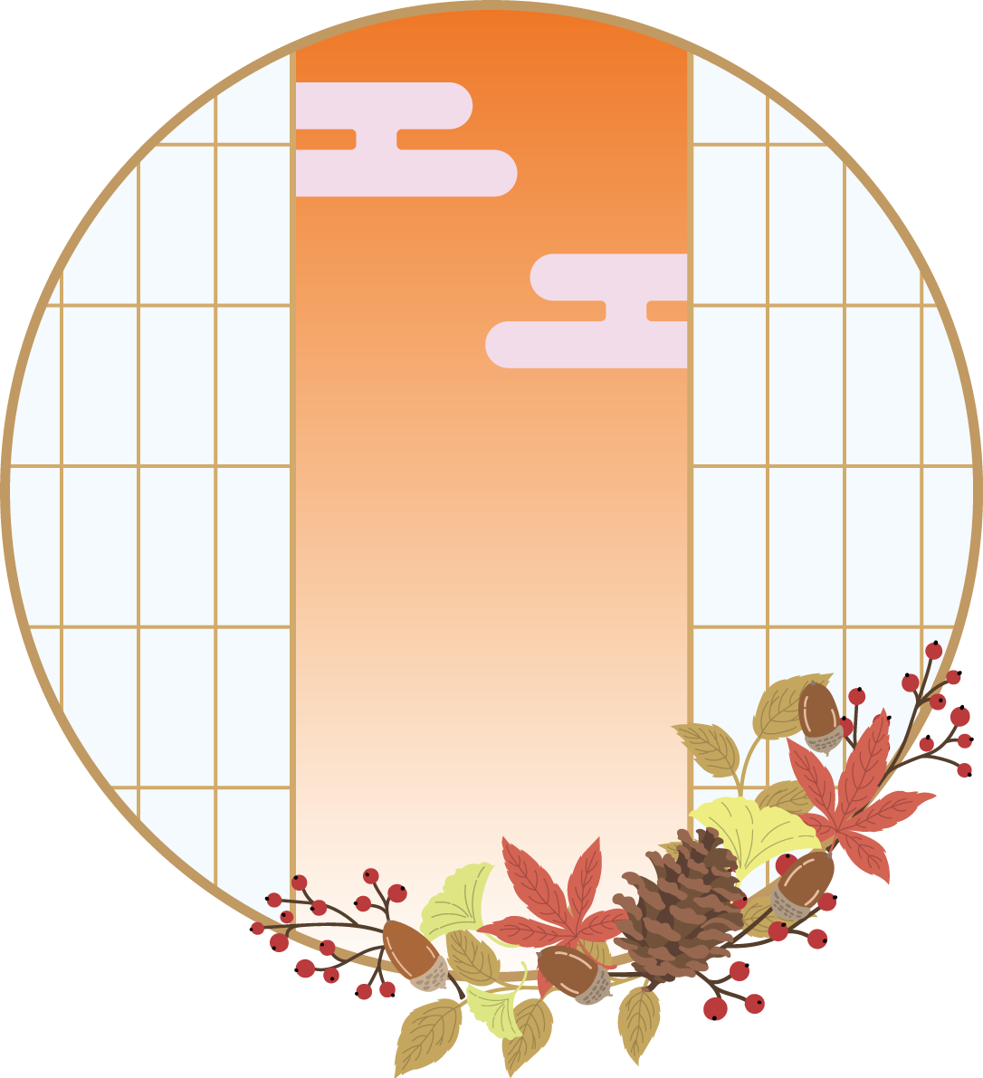 秋フレーム枠 和風丸窓 紅葉(もみじ)  どんぐり 松ぼっくり イチョウ イラスト無料 フリー90008に写真・文字を入れる