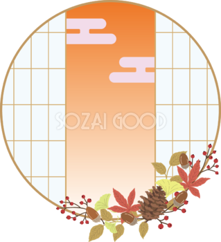 秋フレーム枠 和風丸窓 紅葉(もみじ)  どんぐり 松ぼっくり イチョウ イラスト無料 フリー90008
