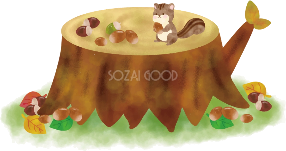 どんぐり 秋 切り株 リス イラスト無料 フリー90033