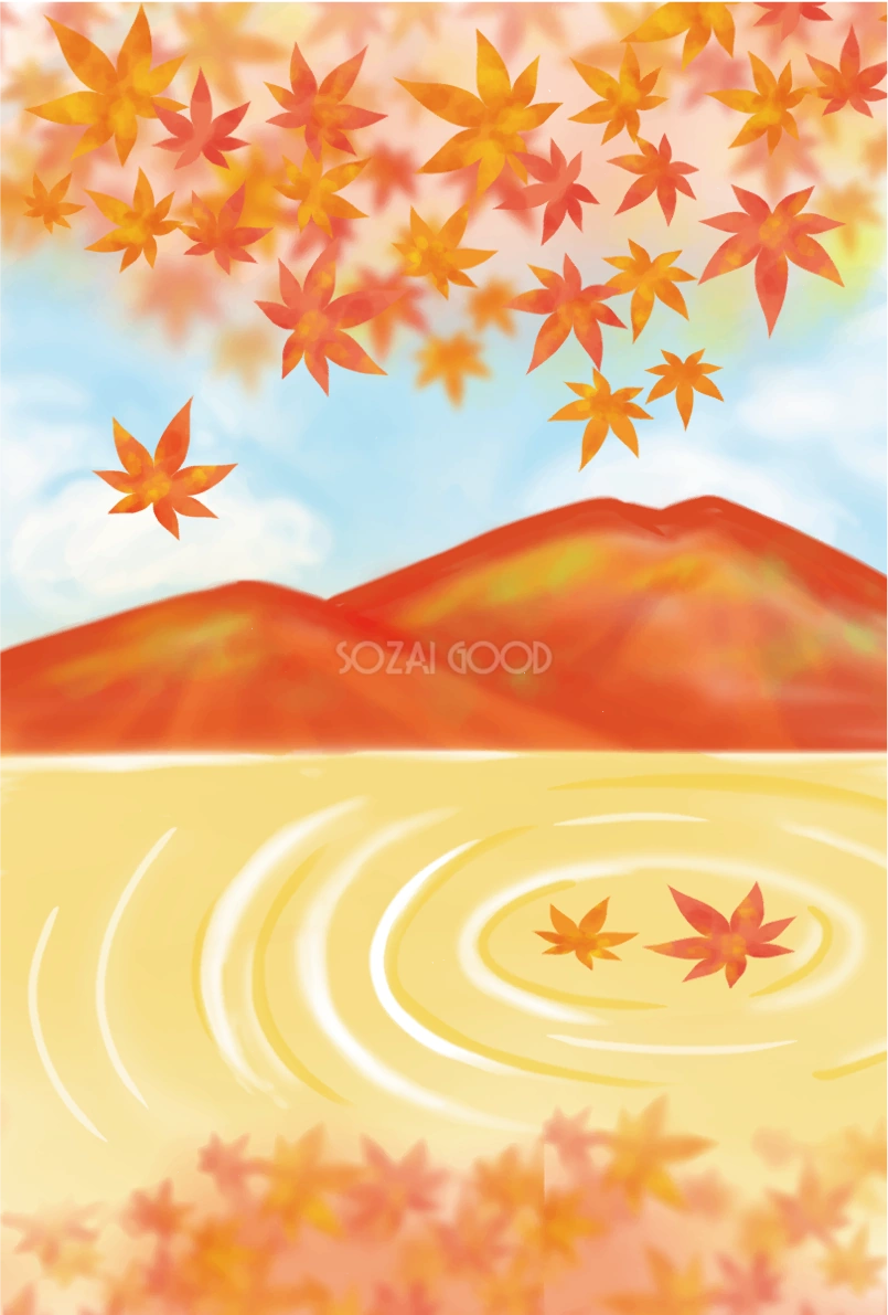 紅葉(もみじ) 背景 秋 湖 水面 波紋 イラスト無料 フリー90042
