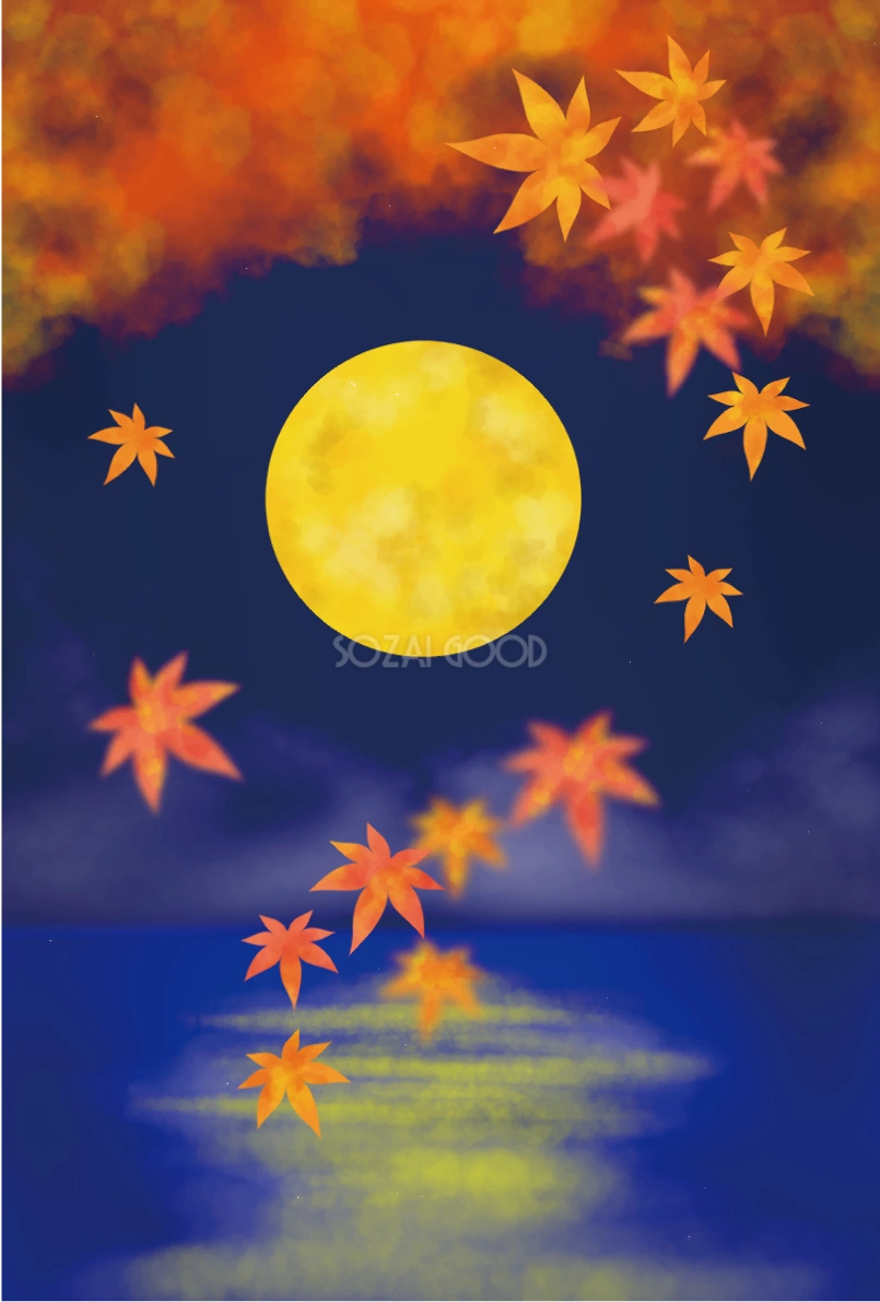 紅葉 秋 水面 月 夜 イラスト無料 フリー90046
