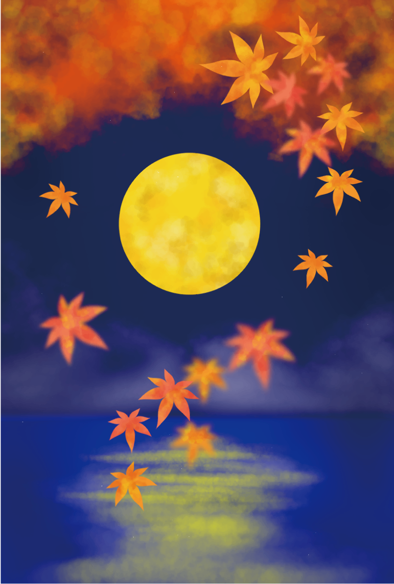 紅葉 秋 水面 月 夜 イラスト無料 フリー90046に写真・文字を入れる