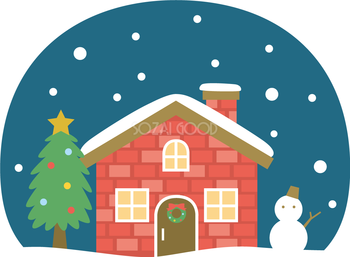 雪が降るクリスマスの日の家 かわいいイラスト無料 フリー90081